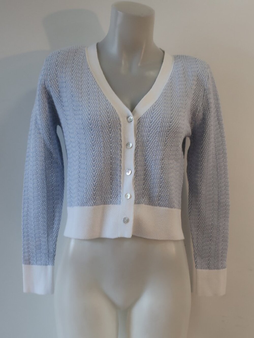NWT Women Feller (Item-837) Light Blue White Colette Chevron Cardigan Sweater XS